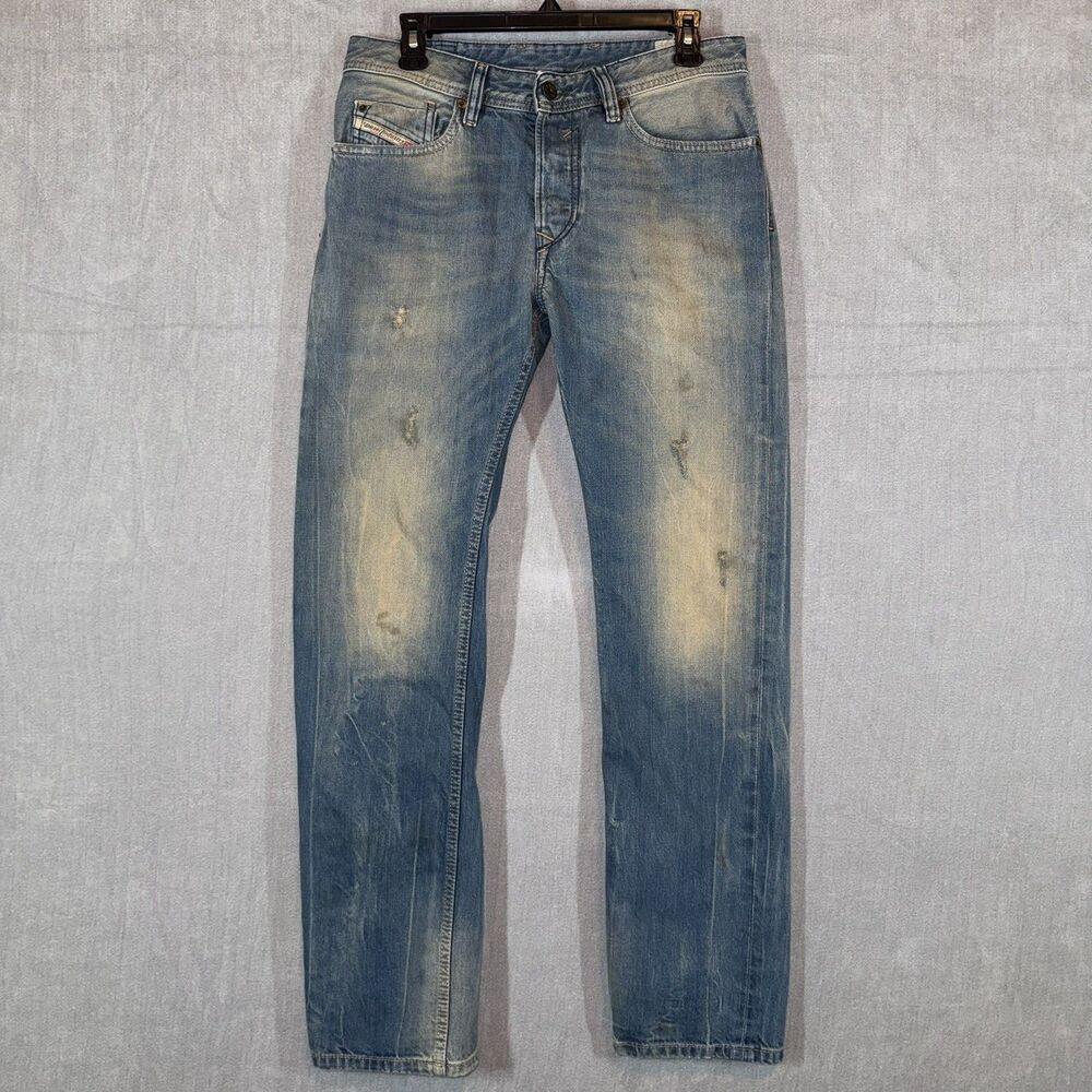 Diesel Jeans Waykee 3D Mens 29x32 Blue Regular Straight Dirty Wash Denim Whisker
